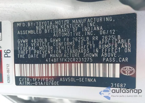 2012 Toyota Camry Le z USA, uszkodzony, nr VIN 4T4BF1FK2CR231275